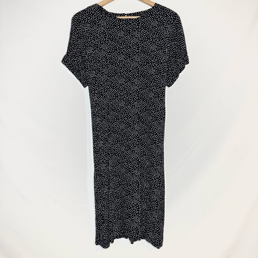 Hobbs London Black and White Speckled Polka Dot Midi Dress Short Sleeve Size 10